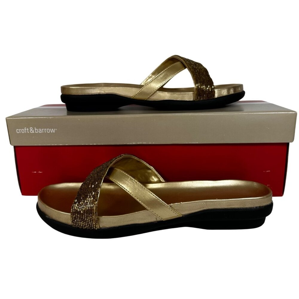 Womens Croft & Barrow Gold Beaded Strappy Slide Sandals  Size 9 M Beach Vacation - Picture 3 of 8